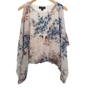 Karen Kane Blouse Small Neutral Top Pullover Cold Shoulder Blouson Hem Kimono